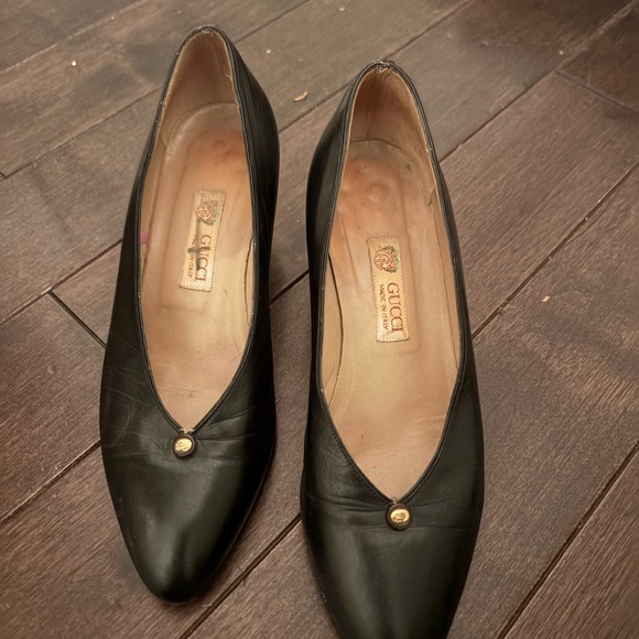 Gucci Shoes - Gucci Black Leather Pointed Flats with Gold Button Accent